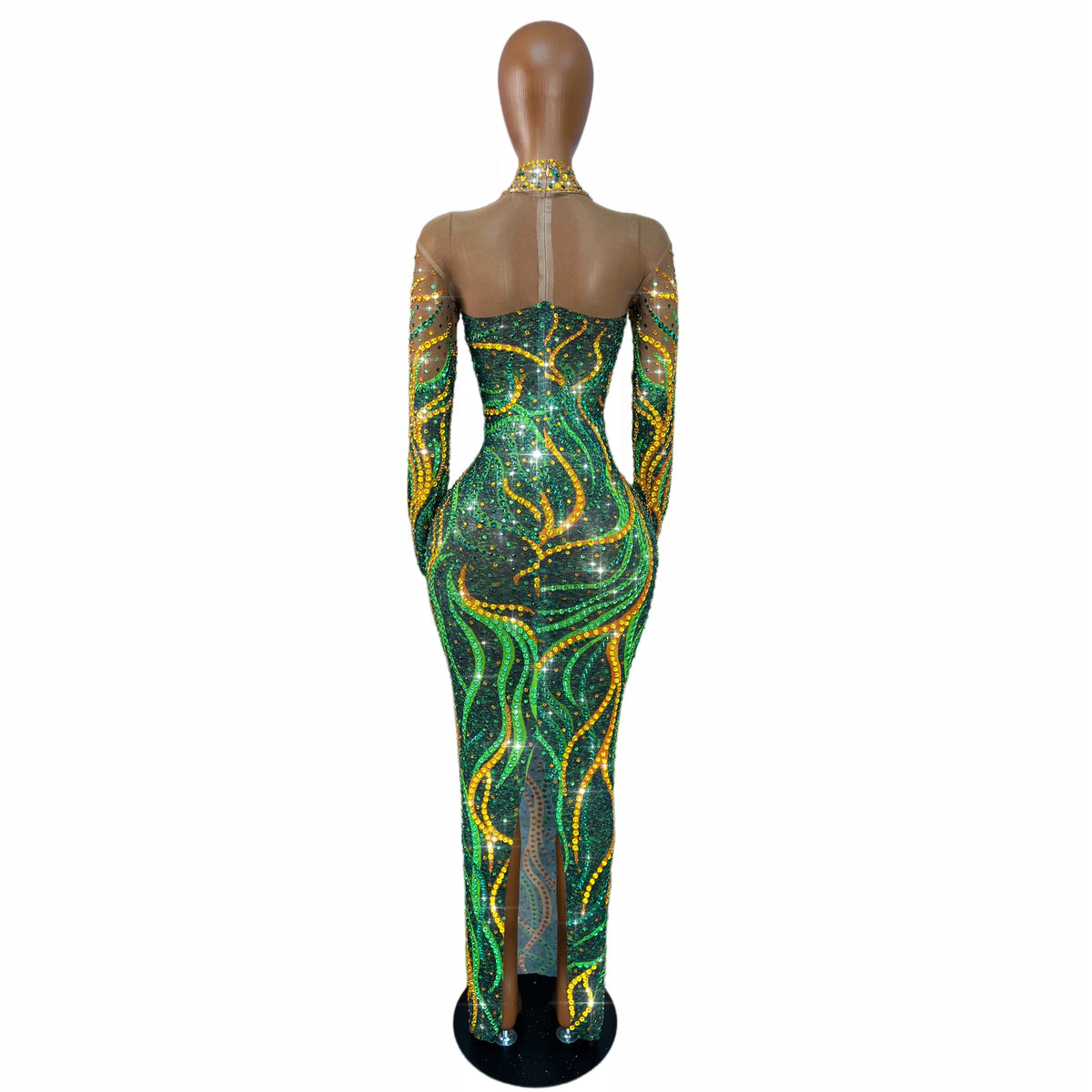 Gold & Emerald Swirl Rhinestone Illusion Maxi Gown Long Sleeve Floor-Length Evening Dress