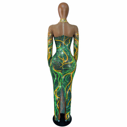 Gold & Emerald Swirl Rhinestone Illusion Maxi Gown Long Sleeve Floor-Length Evening Dress