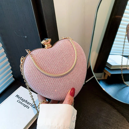Shiny Heart Shape Metal Evening Clutch Bag for Women | Fashion Chain Shoulder Crossbody Bag (Luxury Lady Purse)