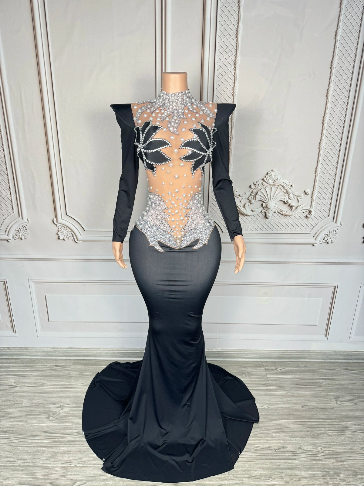 Rhinestone Floral Embroidered Mermaid Gala Gown