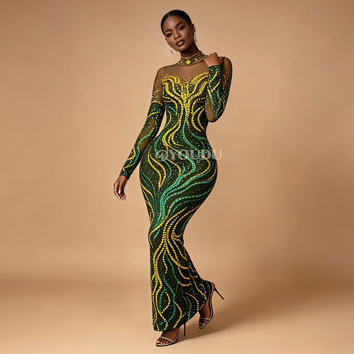 Gold & Emerald Swirl Rhinestone Illusion Maxi Gown Long Sleeve Floor-Length Evening Dress