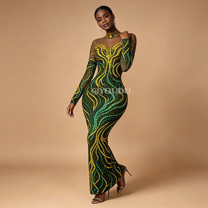 Gold & Emerald Swirl Rhinestone Illusion Maxi Gown Long Sleeve Floor-Length Evening Dress