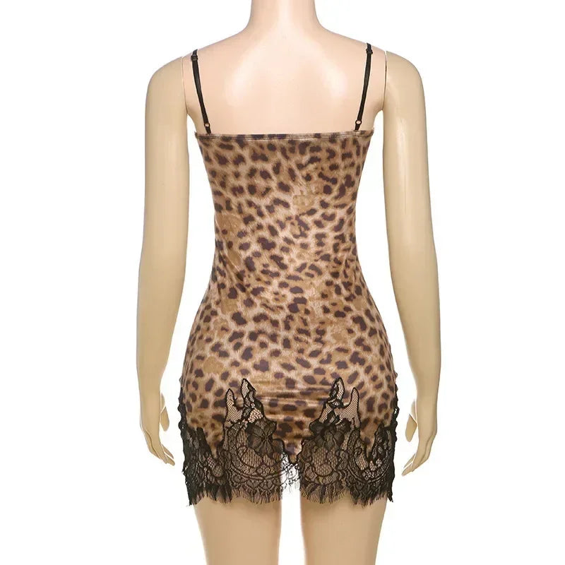 JULISSA MO Patchwork Printed Leopard Lace Women Mini Dress Spaghetti Strap High Waist Dress Summer Slim Elegant Party Club Dress