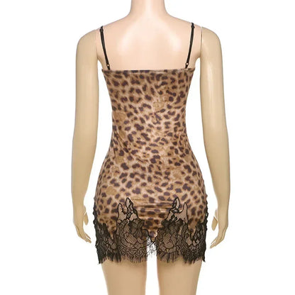 JULISSA MO Patchwork Printed Leopard Lace Women Mini Dress Spaghetti Strap High Waist Dress Summer Slim Elegant Party Club Dress