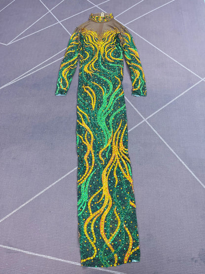 Gold & Emerald Swirl Rhinestone Illusion Maxi Gown Long Sleeve Floor-Length Evening Dress