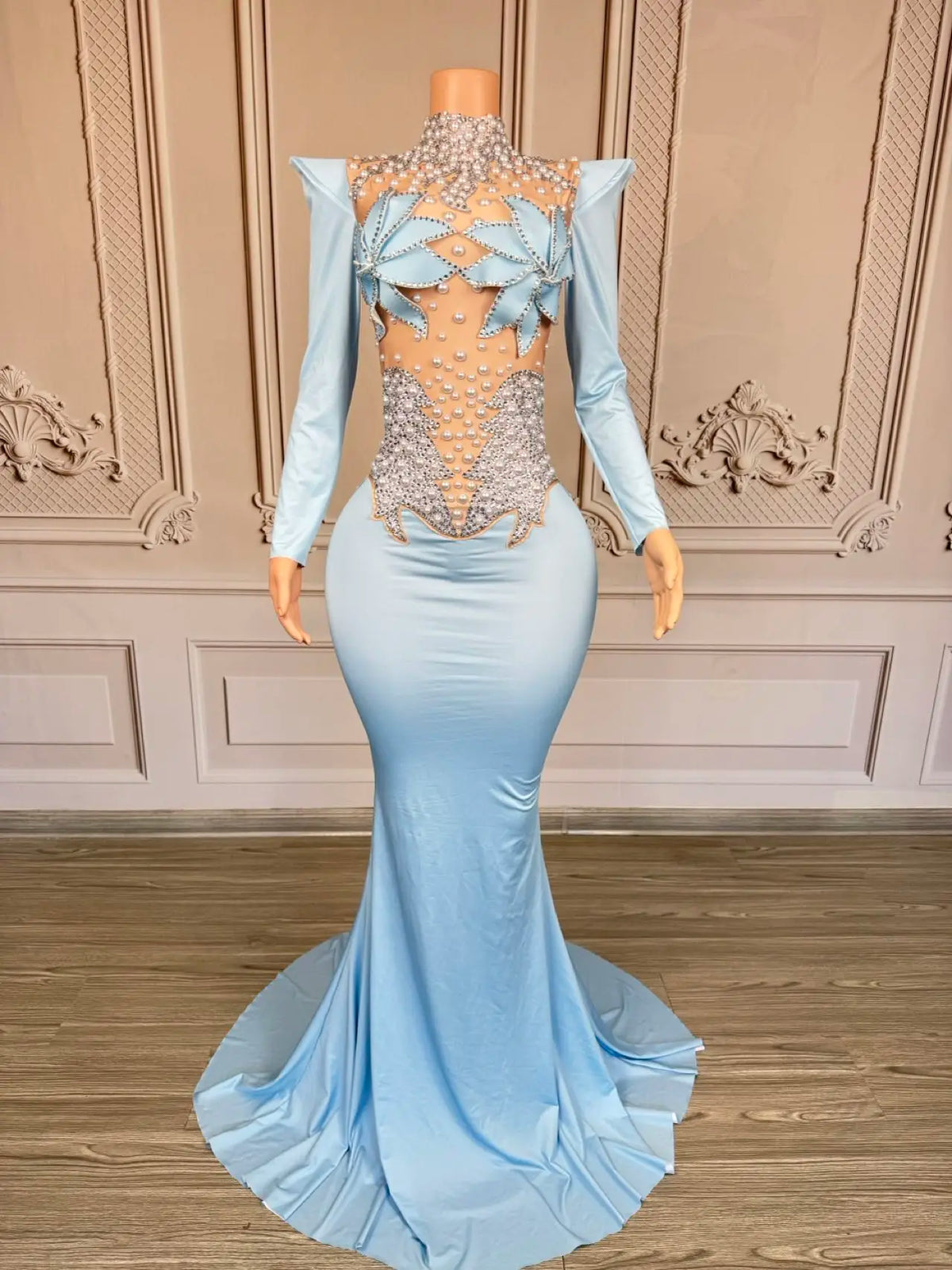 Rhinestone Floral Embroidered Mermaid Gala Gown