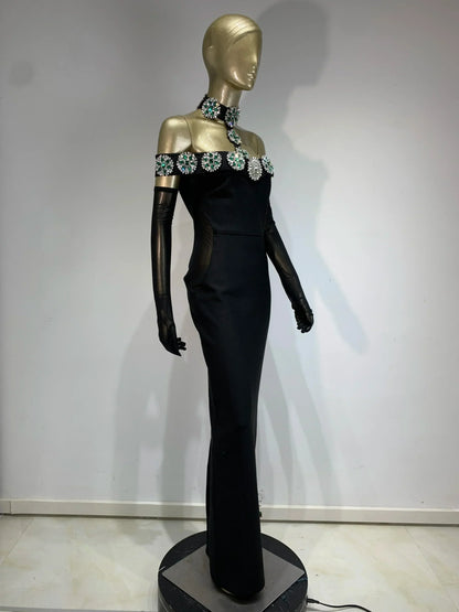 Summer Bandage Dress 2025 Women Celebrity Sexy Diamonds Crystal Black Maxi Long Bodycon Elegant Evening Club Party Dress