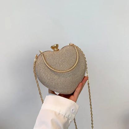 Shiny Heart Shape Metal Evening Clutch Bag for Women | Fashion Chain Shoulder Crossbody Bag (Luxury Lady Purse)