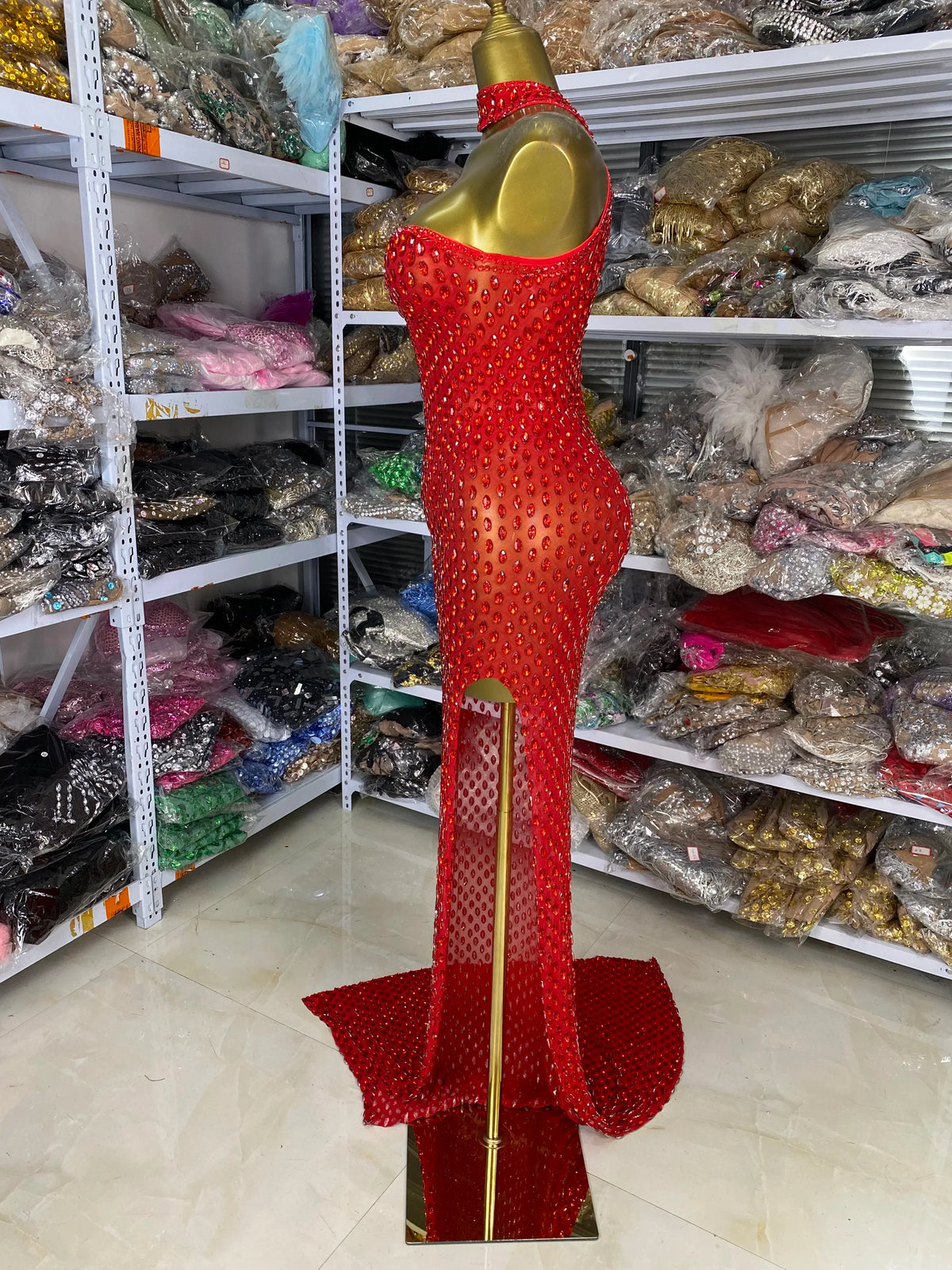 Crimson Red Rhinestone Sweetheart Slit Gown Floor-Length Trailing Evening Dress