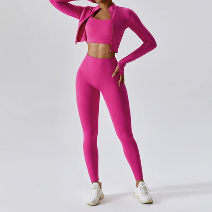 Workout Outfit ActiveWear 3 Pieces Workout Clothes Sports Bra High Waist Gym Leggings Long-Sleeved
