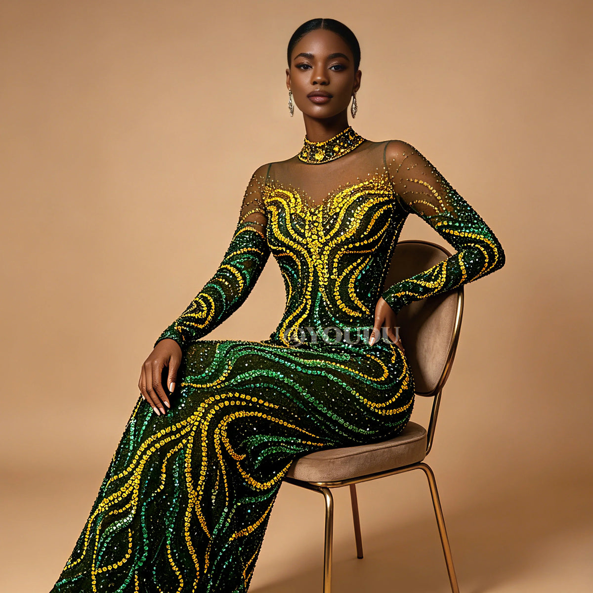 Gold & Emerald Swirl Rhinestone Illusion Maxi Gown Long Sleeve Floor-Length Evening Dress