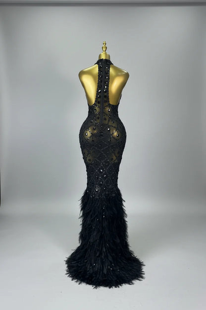 Luxury Rhinestone Crystal Turtleneck Gala Gown & Feather Hem Evening Maxi Dress