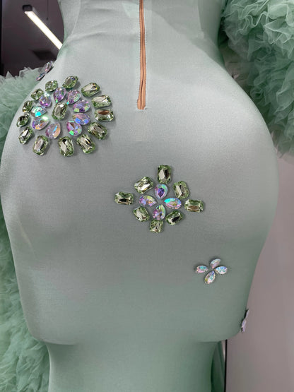 Luxury Prom Gowns Women Mint Green Strapless Breast Cups Puffy Rhinestones Maxi Long Runway Gala Gowns Evening Party Dress