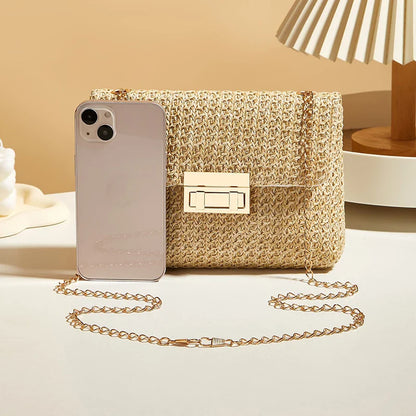 Fashion Crossbody Bags for Women | Simple Straw Shoulder Bag & Women's Lock Closure Bag (Small Square Purse Summer Money Bag)