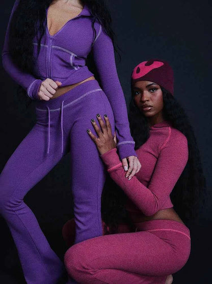 Ensemble de survêtement zippé à capuche pour femme avec pantalon évasé