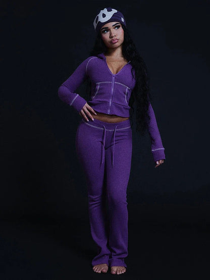 Ensemble de survêtement zippé à capuche pour femme avec pantalon évasé