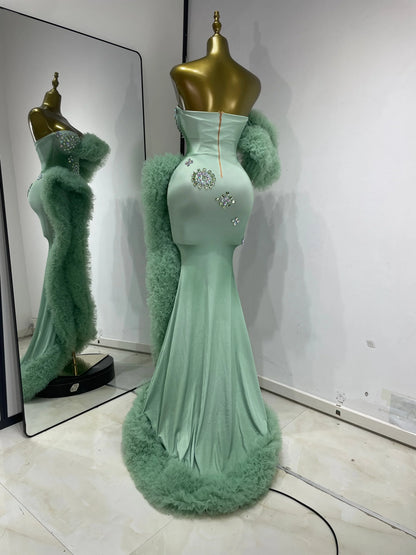 Luxury Prom Gowns Women Mint Green Strapless Breast Cups Puffy Rhinestones Maxi Long Runway Gala Gowns Evening Party Dress