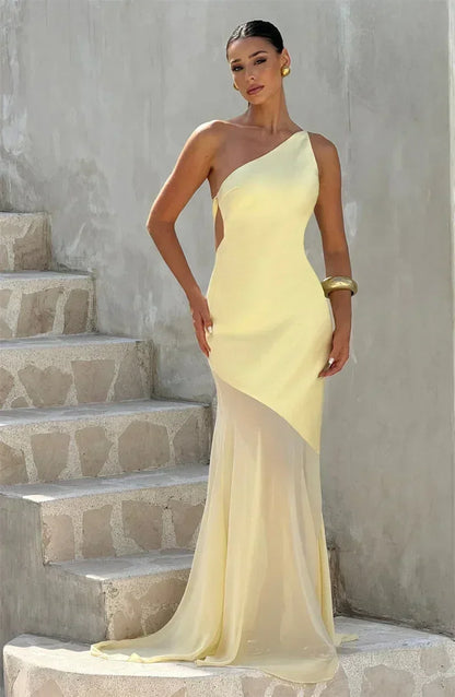 Mozision One Shoulder Backless Sexy Maxi Dress Women Gown Fashion Patchwork Sleeveless Bodycon Club Party Long Dress Elegant