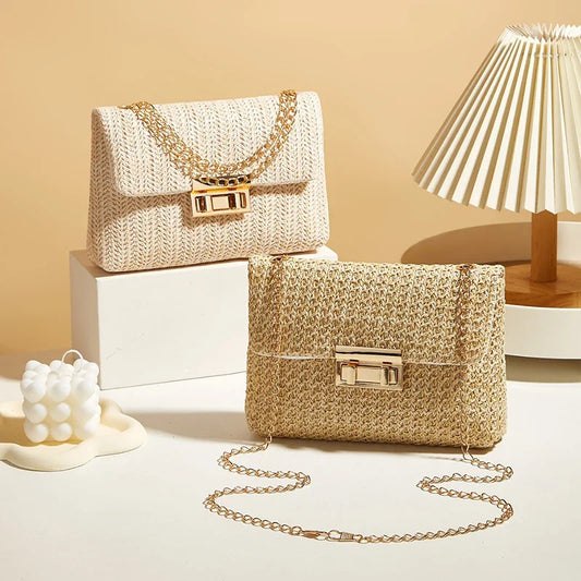 Fashion Crossbody Bags for Women | Simple Straw Shoulder Bag & Women's Lock Closure Bag (Small Square Purse Summer Money Bag)