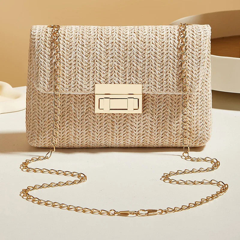 Fashion Crossbody Bags for Women | Simple Straw Shoulder Bag & Women's Lock Closure Bag (Small Square Purse Summer Money Bag)