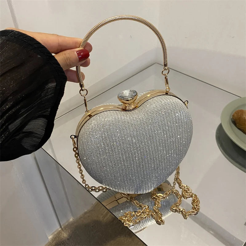 Shiny Heart Shape Metal Evening Clutch Bag for Women | Fashion Chain Shoulder Crossbody Bag (Luxury Lady Purse)