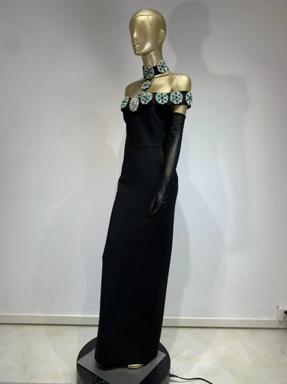 Summer Bandage Dress 2025 Women Celebrity Sexy Diamonds Crystal Black Maxi Long Bodycon Elegant Evening Club Party Dress