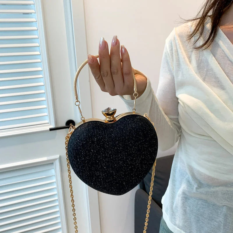 Shiny Heart Shape Metal Evening Clutch Bag for Women | Fashion Chain Shoulder Crossbody Bag (Luxury Lady Purse)