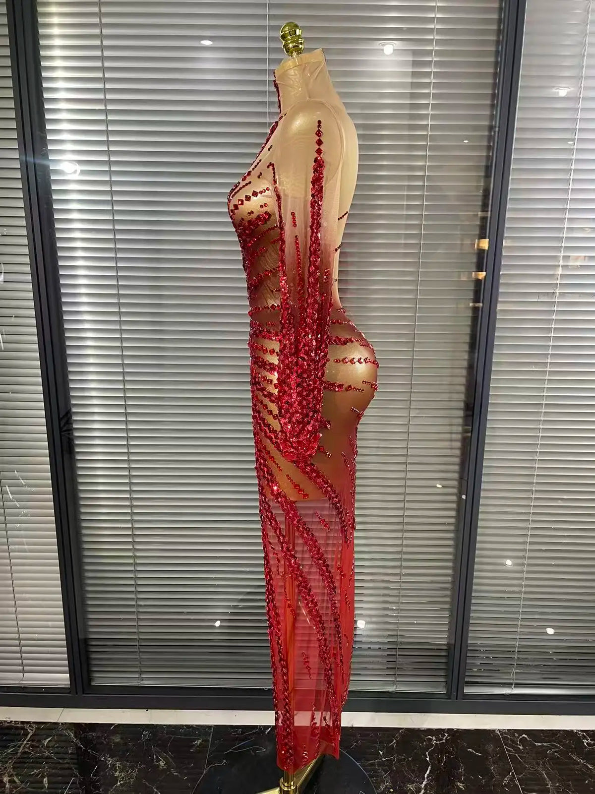 Gold Crystal Illusion Sweetheart Gown High-Slit Mermaid Train Evening Dress