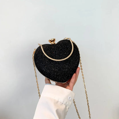 Shiny Heart Shape Metal Evening Clutch Bag for Women | Fashion Chain Shoulder Crossbody Bag (Luxury Lady Purse)