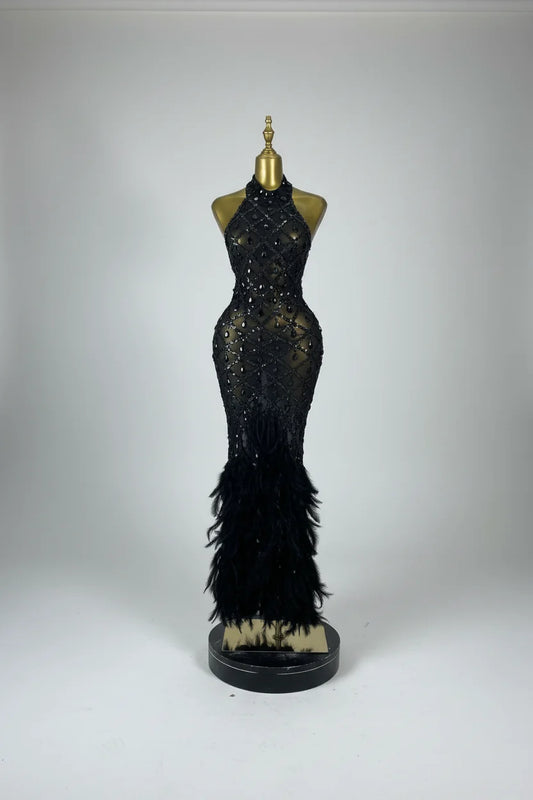 Luxury Rhinestone Crystal Turtleneck Gala Gown & Feather Hem Evening Maxi Dress