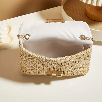 Fashion Crossbody Bags for Women | Simple Straw Shoulder Bag & Women's Lock Closure Bag (Small Square Purse Summer Money Bag)