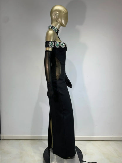 Summer Bandage Dress 2025 Women Celebrity Sexy Diamonds Crystal Black Maxi Long Bodycon Elegant Evening Club Party Dress