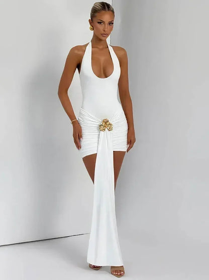 Mozision Metal Flower Draped Ruched Sexy Mini Dress Women Robe Fashion Halter Backless Sleeveless Bodycon Club Party Dress New