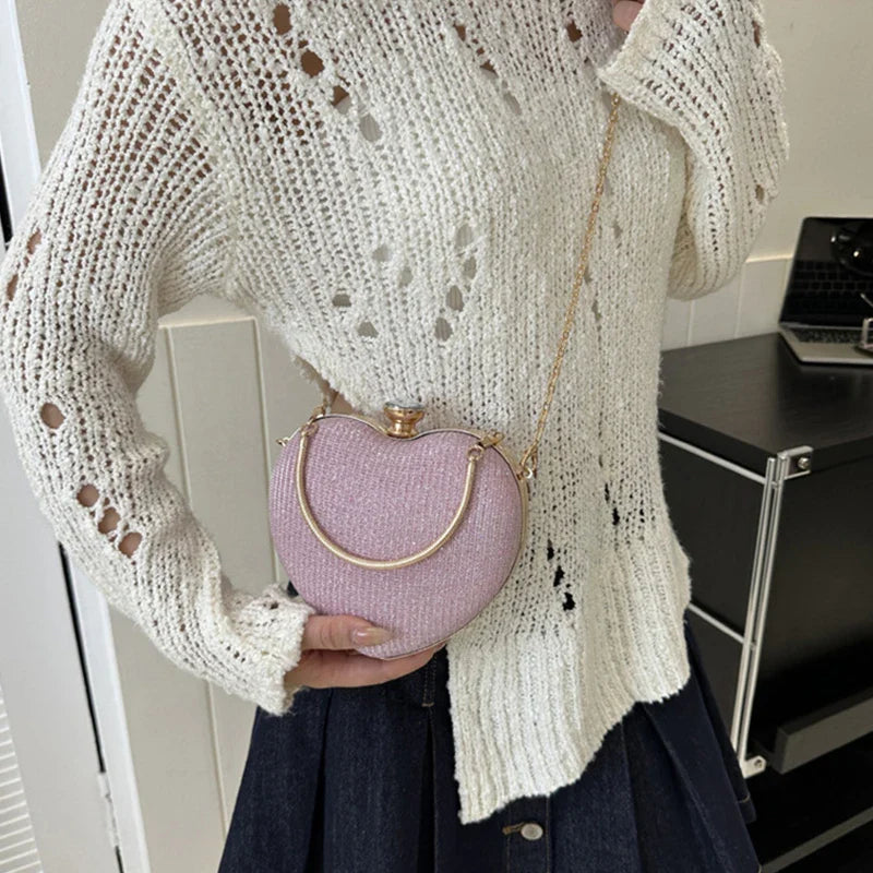 Shiny Heart Shape Metal Evening Clutch Bag for Women | Fashion Chain Shoulder Crossbody Bag (Luxury Lady Purse)