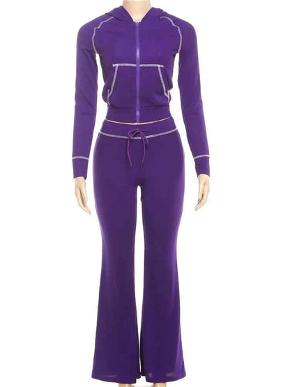 Ensemble de survêtement zippé à capuche pour femme avec pantalon évasé