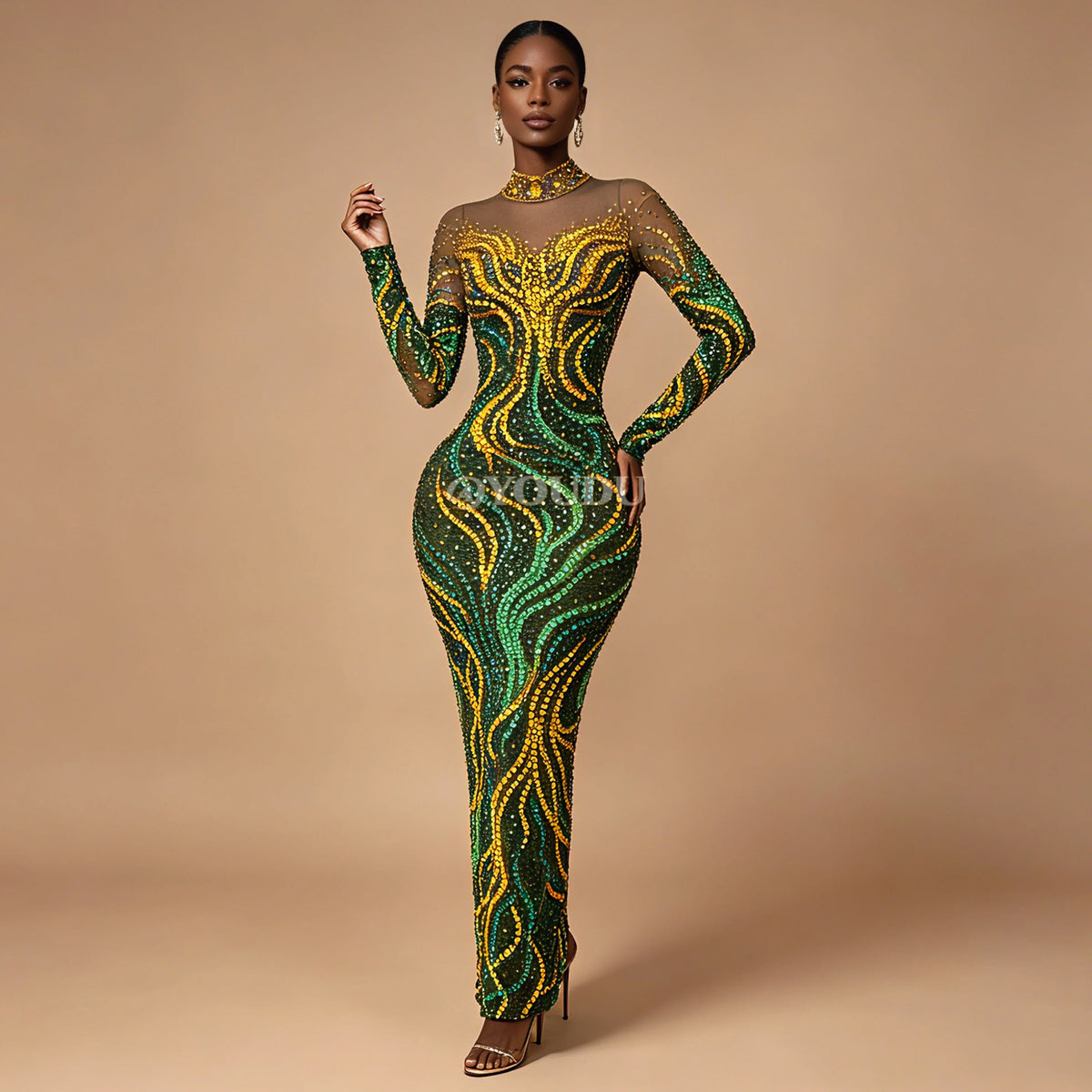 Gold & Emerald Swirl Rhinestone Illusion Maxi Gown Long Sleeve Floor-Length Evening Dress