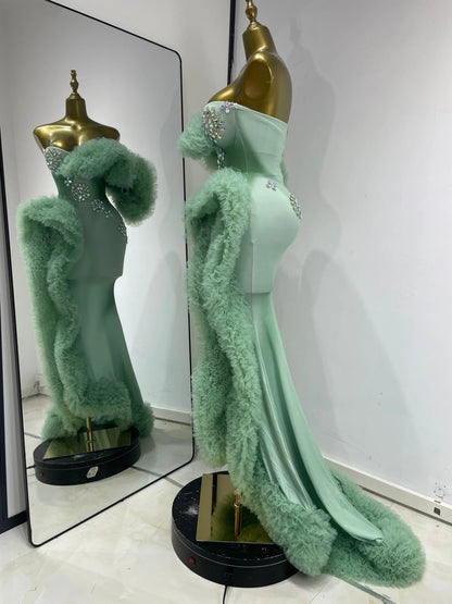 Luxury Prom Gowns Women Mint Green Strapless Breast Cups Puffy Rhinestones Maxi Long Runway Gala Gowns Evening Party Dress