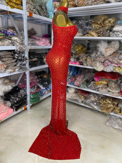Crimson Red Rhinestone Sweetheart Slit Gown Floor-Length Trailing Evening Dress