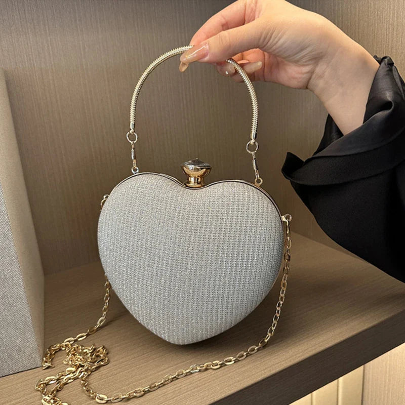 Shiny Heart Shape Metal Evening Clutch Bag for Women | Fashion Chain Shoulder Crossbody Bag (Luxury Lady Purse)