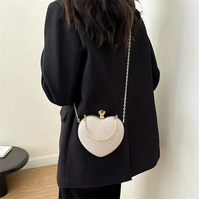 Shiny Heart Shape Metal Evening Clutch Bag for Women | Fashion Chain Shoulder Crossbody Bag (Luxury Lady Purse)