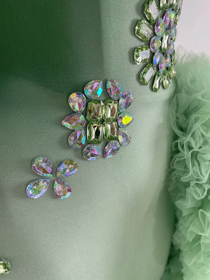 Luxury Prom Gowns Women Mint Green Strapless Breast Cups Puffy Rhinestones Maxi Long Runway Gala Gowns Evening Party Dress