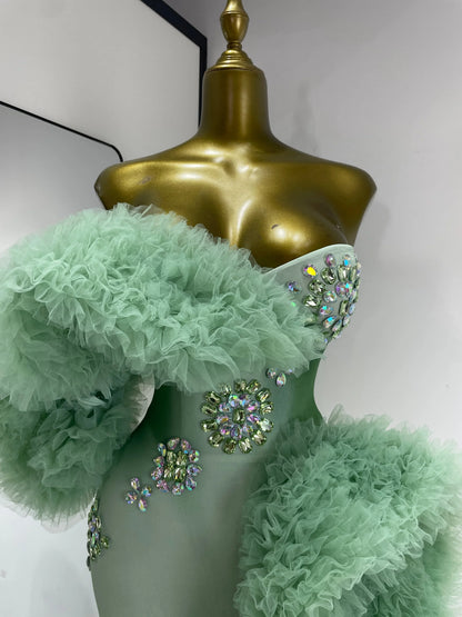 Luxury Prom Gowns Women Mint Green Strapless Breast Cups Puffy Rhinestones Maxi Long Runway Gala Gowns Evening Party Dress