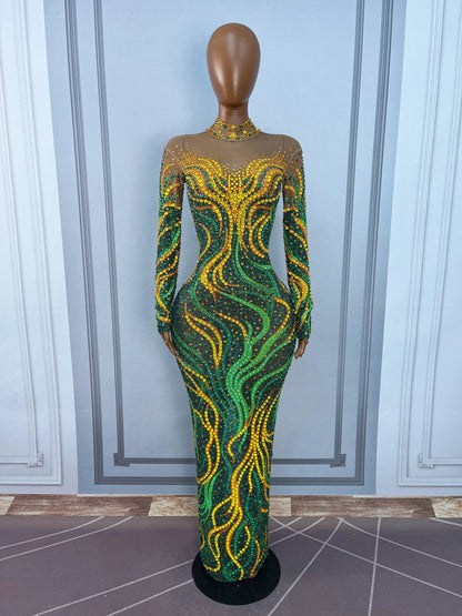 Gold & Emerald Swirl Rhinestone Illusion Maxi Gown Long Sleeve Floor-Length Evening Dress