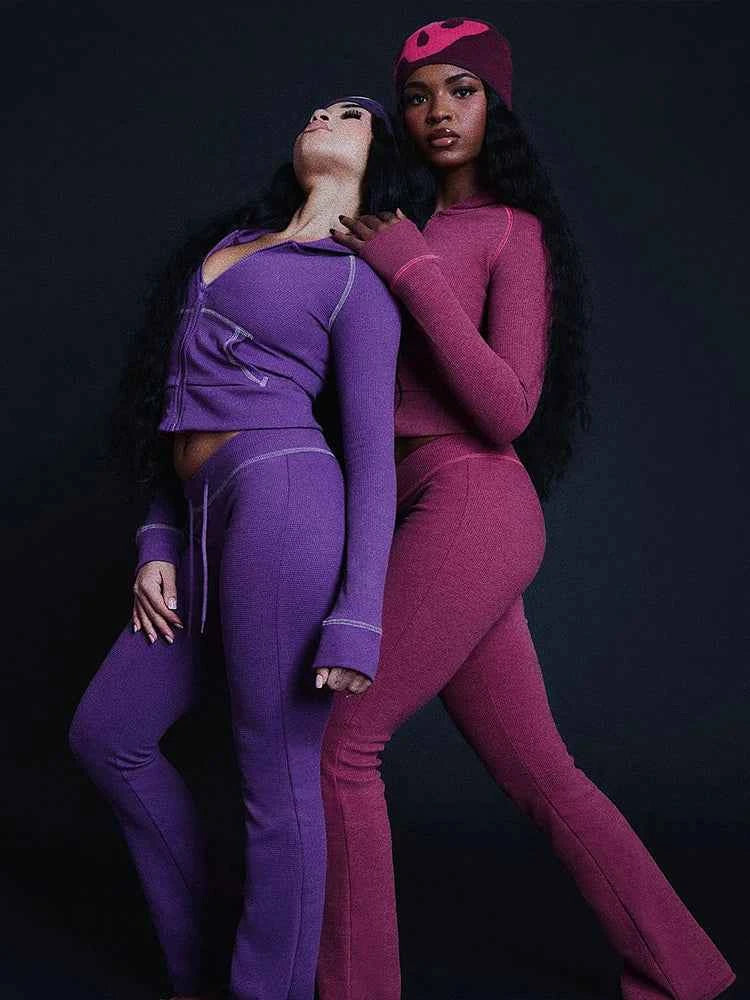 Ensemble de survêtement zippé à capuche pour femme avec pantalon évasé