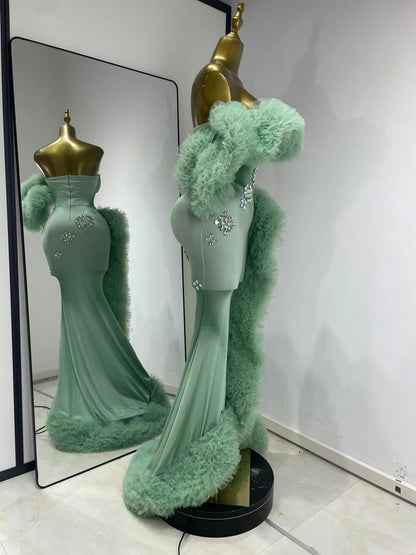 Luxury Prom Gowns Women Mint Green Strapless Breast Cups Puffy Rhinestones Maxi Long Runway Gala Gowns Evening Party Dress