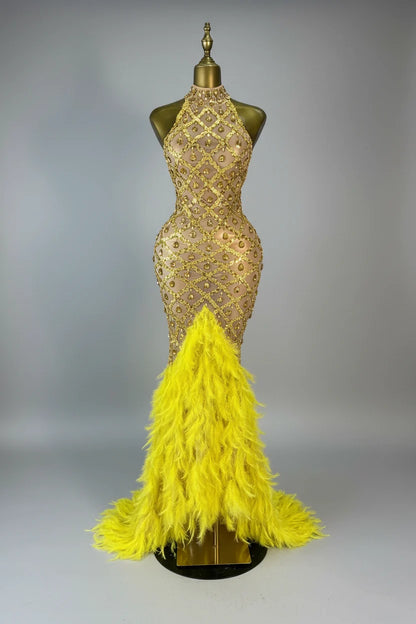 Luxury Rhinestone Crystal Turtleneck Gala Gown & Feather Hem Evening Maxi Dress