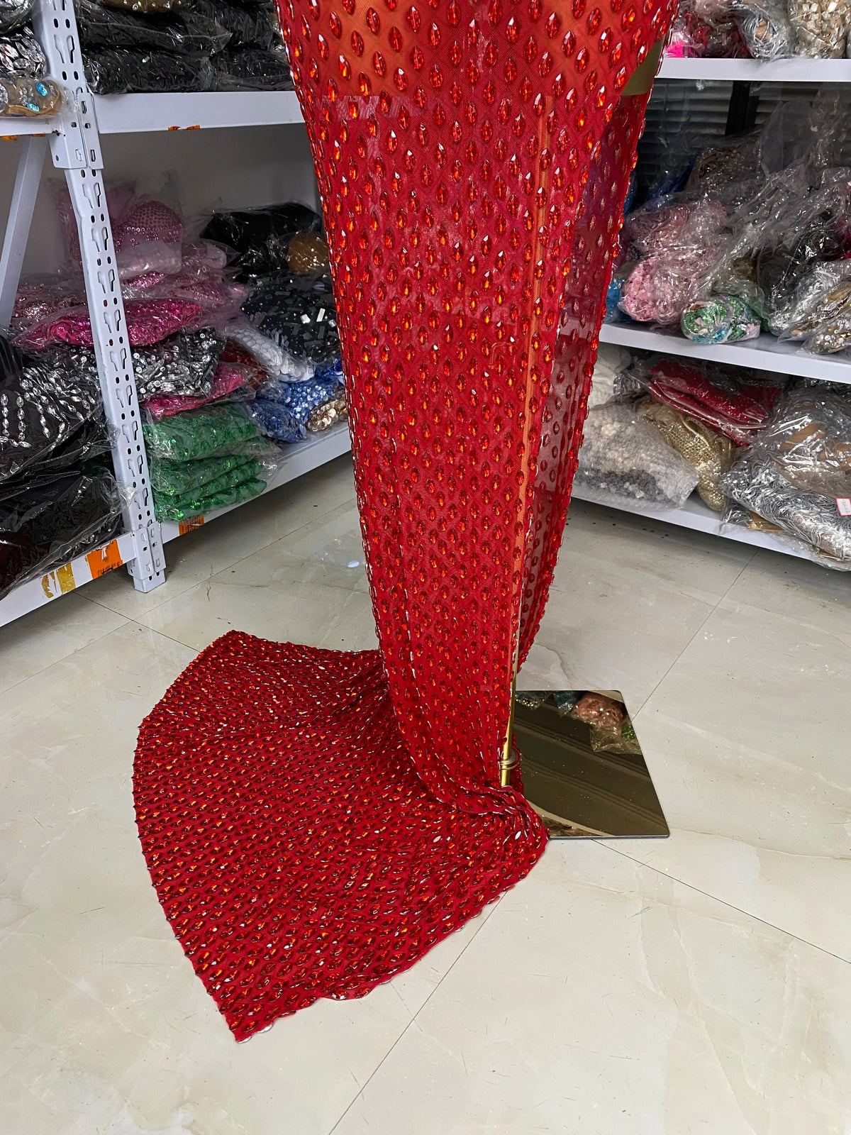 Crimson Red Rhinestone Sweetheart Slit Gown Floor-Length Trailing Evening Dress