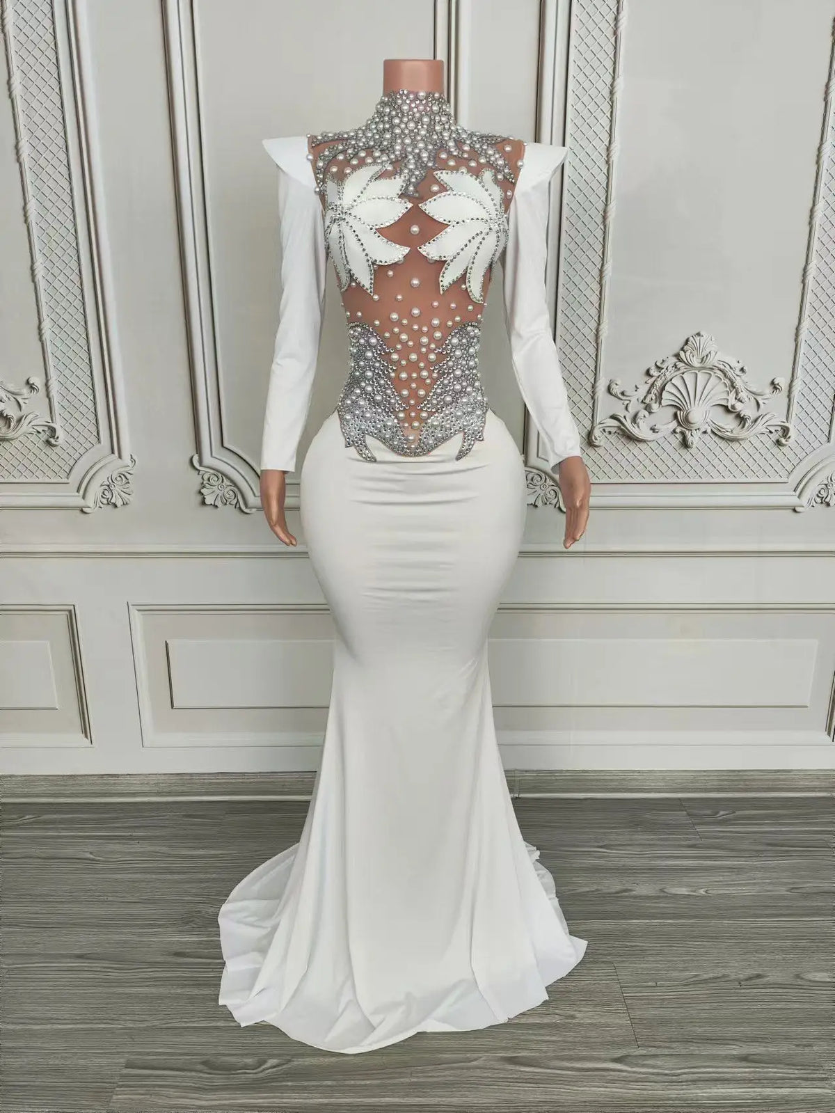 Rhinestone Floral Embroidered Mermaid Gala Gown