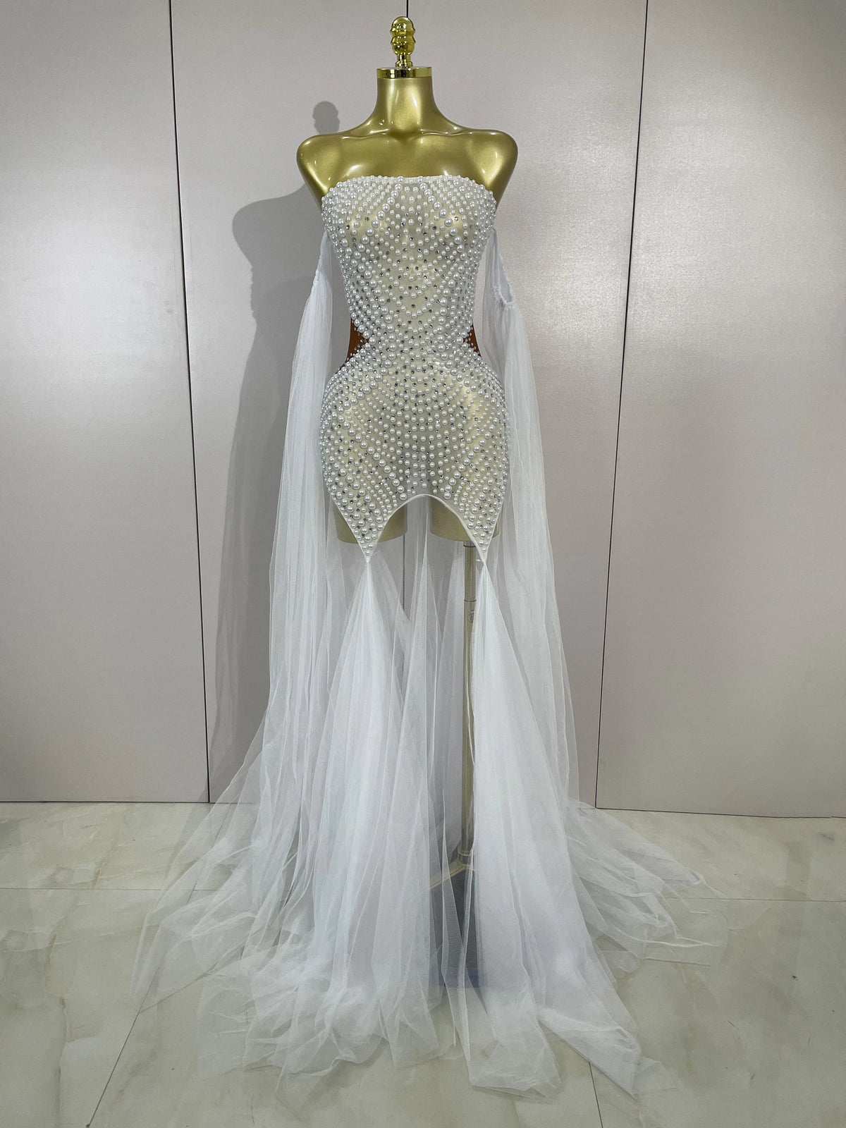 Luxury Birthday Evening Party Dress Elegant Sparkly Rhinestone Pearl Sexy Strapless Mesh Long Dress Prom Wedding Guest Gowns