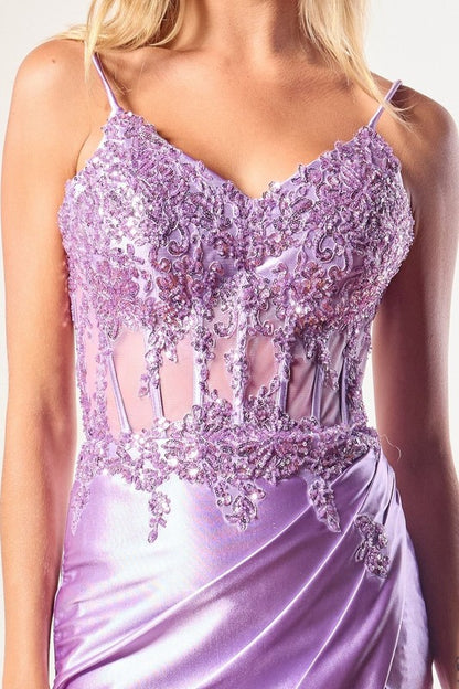 Close-up of embroidered detailing on satin mini homecoming dress bodice